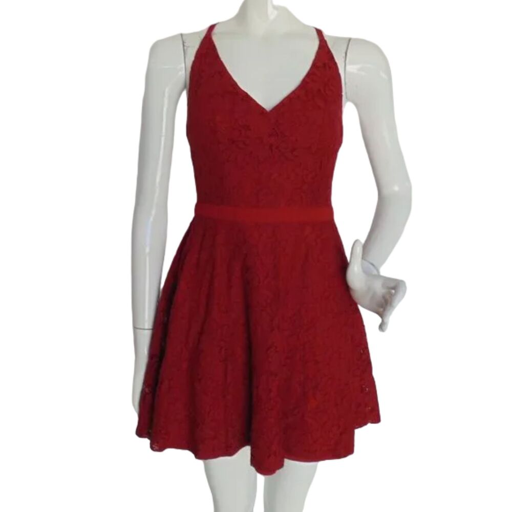 LULU'S Skater Dress, S, Dark Red Lace, Mini, Spag Straps, Open Back, lined
